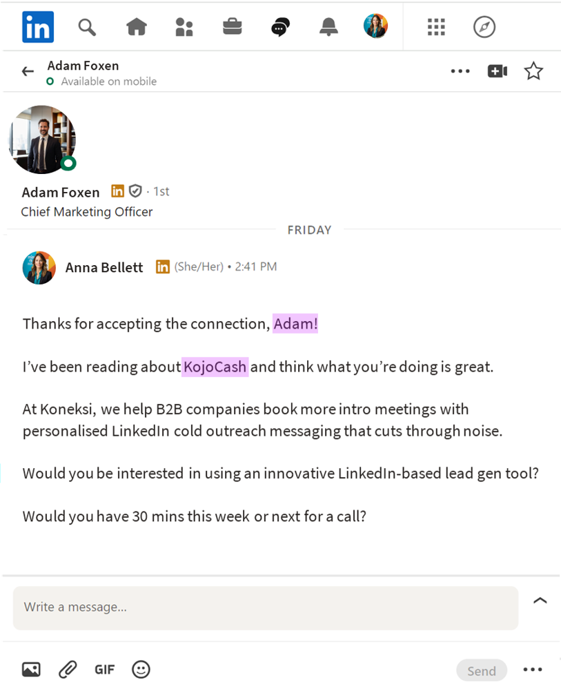 Regular Personalisation Example Message